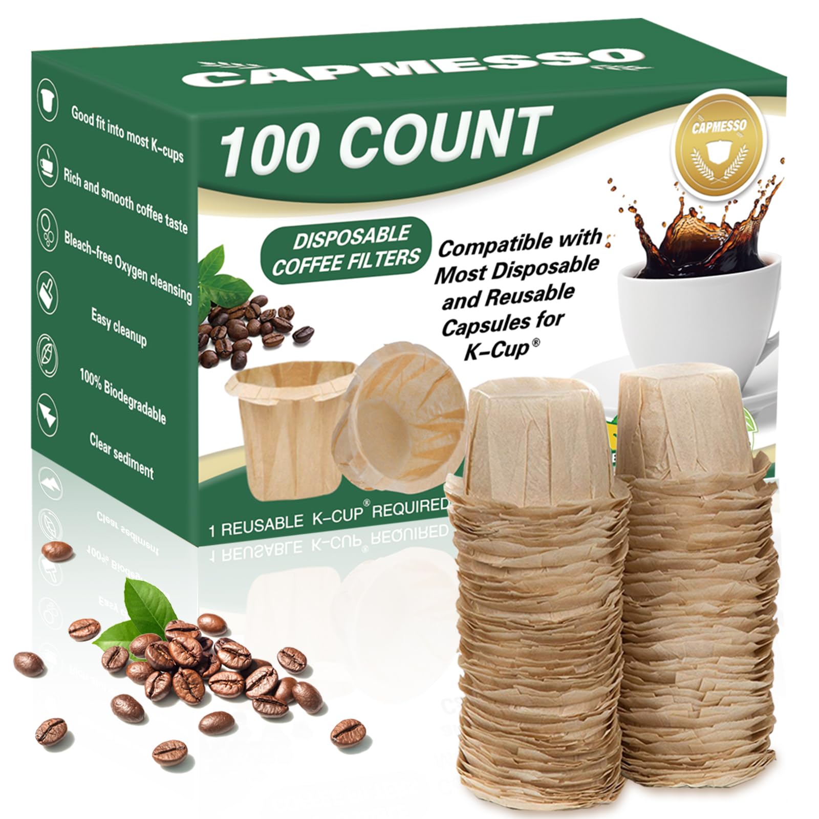 Disposable Coffee Paper Filters, 100 Count Keurg Cup Coffee Filters Compatible with Keurg Brewers Reusable Single Serve 1.0 and 2.0 Coffee Maker - CAPMESSO