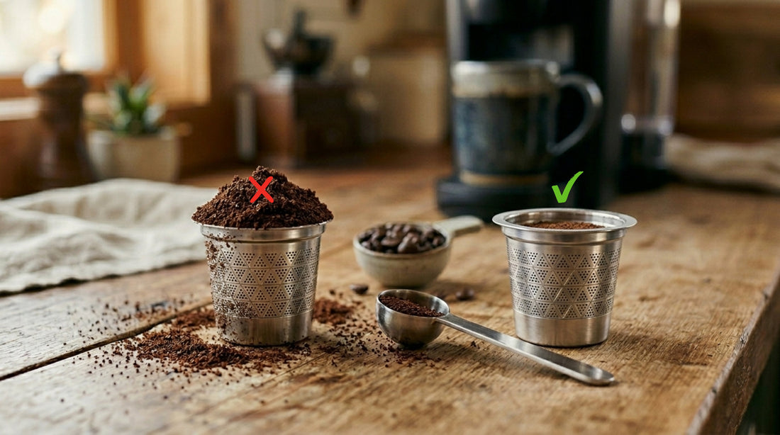 Overfilled reusable K-Cup compared with properly filled coffee pod