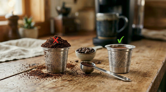 Overfilled reusable K-Cup compared with properly filled coffee pod