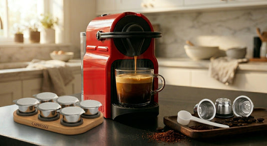 Reusable stainless steel Nespresso pods brewing espresso with rich crema in a modern coffee setup