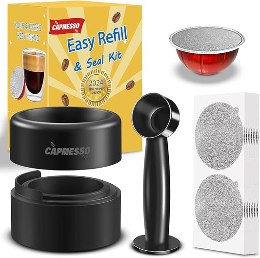 Reusable Vertuo Pod Refill Kit,Faster Seal Reusable Nespresso Vertuo Pods with Fill & Press Brush,100pcs Aluminum Foil Lids - CAPMESSO