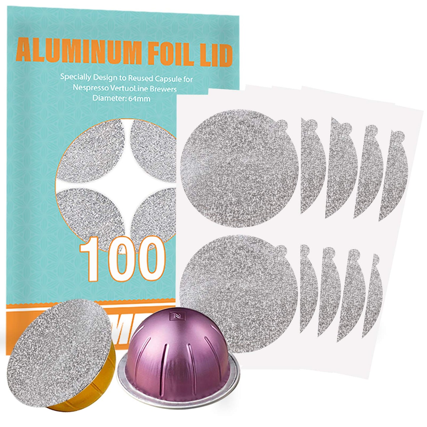 CAPMESSO Aluminum Foils Lids to Reuse Vertuoline Capsules Coffee Pods Compatible with Nespresso VertuoLine Machine 64mm(100/package) - CAPMESSO