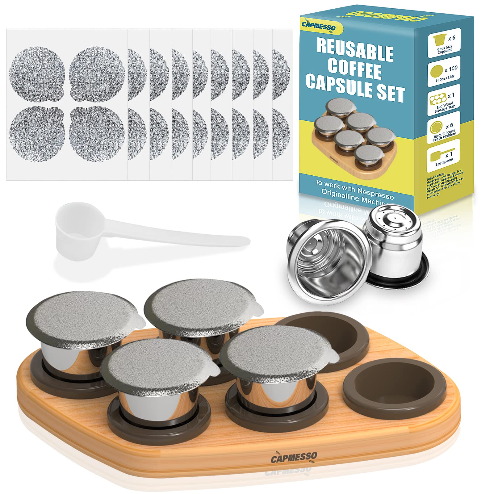 Introducing the CAPMESSO 6pcs Nespresso Refillable Pods, a set that includes six stainless steel capsules with silver lids, complemented by a wooden stand, a white scoop, and adhesive foil seals. The packaging confirms compatibility with Nespresso Originalline machines.