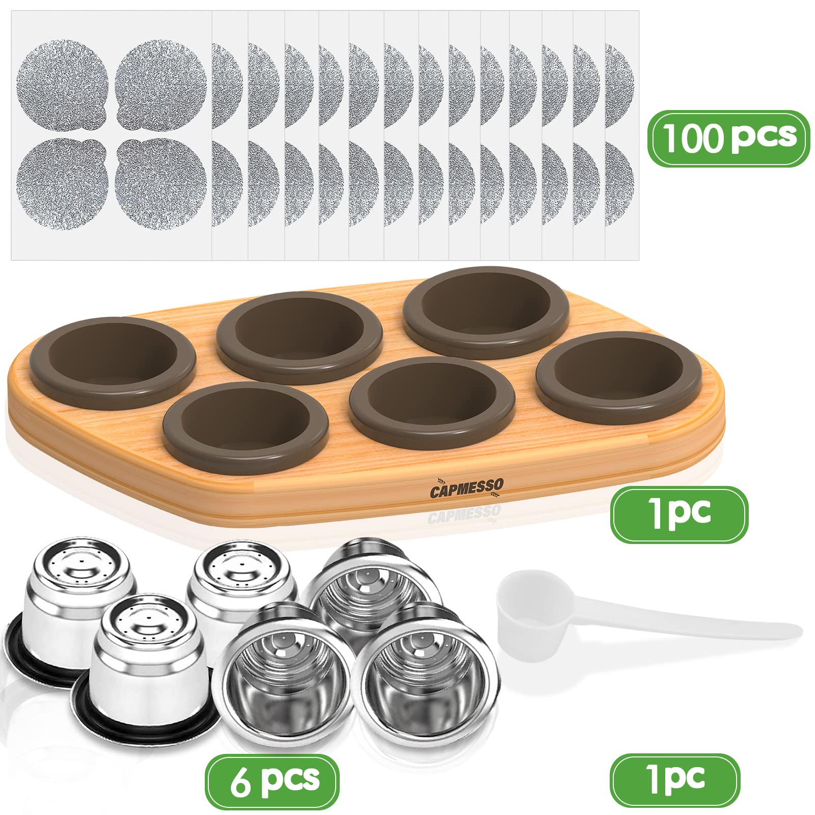 Six stainless steel OriginalLine pods in a wooden storage tray