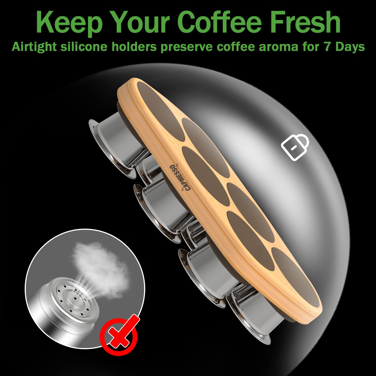 Image showcasing CAPMESSO's 6-piece set of Nespresso refillable stainless steel coffee pods, designed to be compatible with Nespresso Originalline machines. Each pod is equipped with airtight silicone seals to maintain the coffee aroma for up to 7 days, as illustrated by a steam image with a cross mark indicating freshness retention.