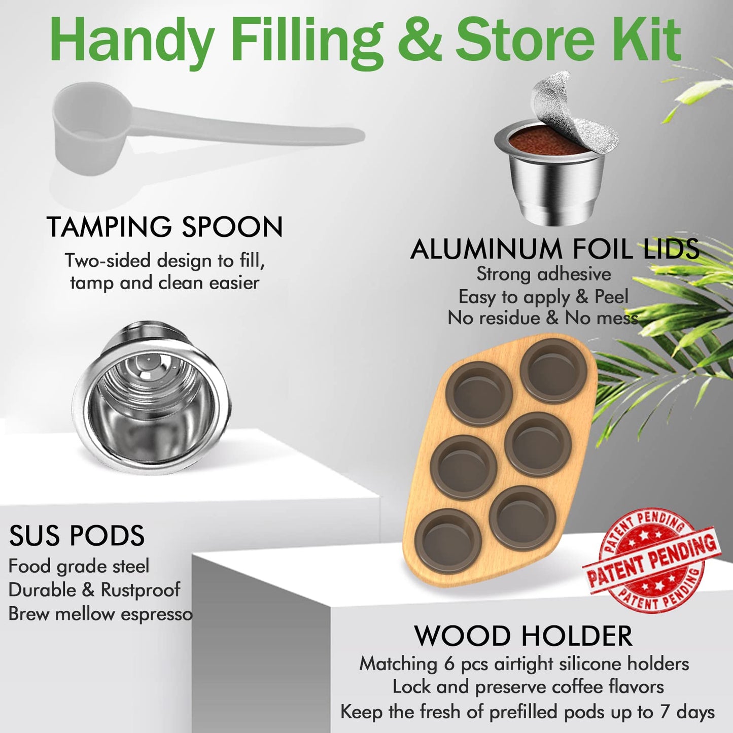 Image showcasing a CAPMESSO Handy Filling & Store Kit, ideal for reusable Nespresso pods. The kit includes a dual-purpose tamping spoon, aluminum foil lids, 6 stainless steel pods made of food-grade materials compatible with Nespresso Originaline Machines, and a wooden holder with six airtight silicone slots. It's designed to store prefilled coffee pods for up to 7 days.