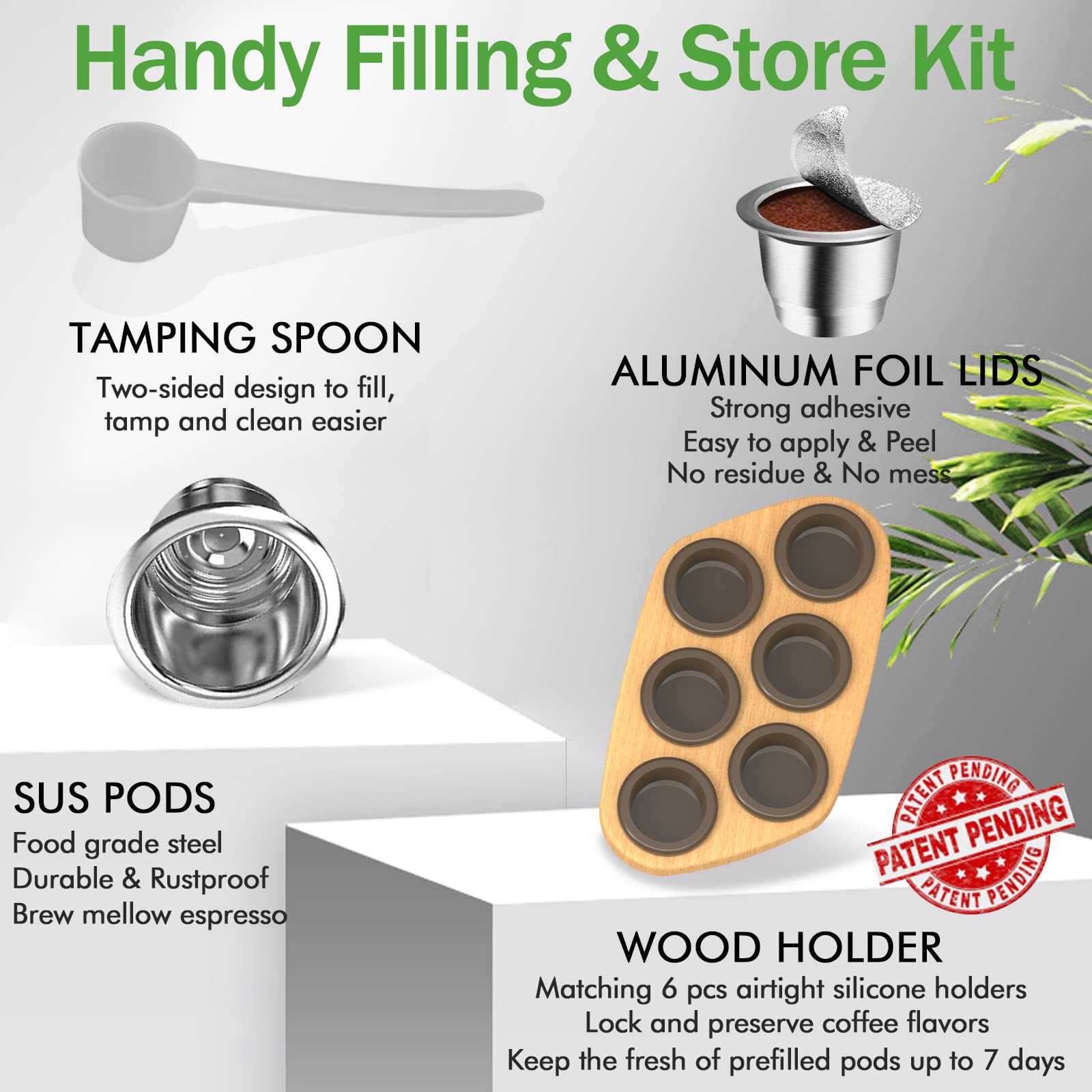 Image showcasing a CAPMESSO Handy Filling & Store Kit, ideal for reusable Nespresso pods. The kit includes a dual-purpose tamping spoon, aluminum foil lids, 6 stainless steel pods made of food-grade materials compatible with Nespresso Originaline Machines, and a wooden holder with six airtight silicone slots. It's designed to store prefilled coffee pods for up to 7 days.