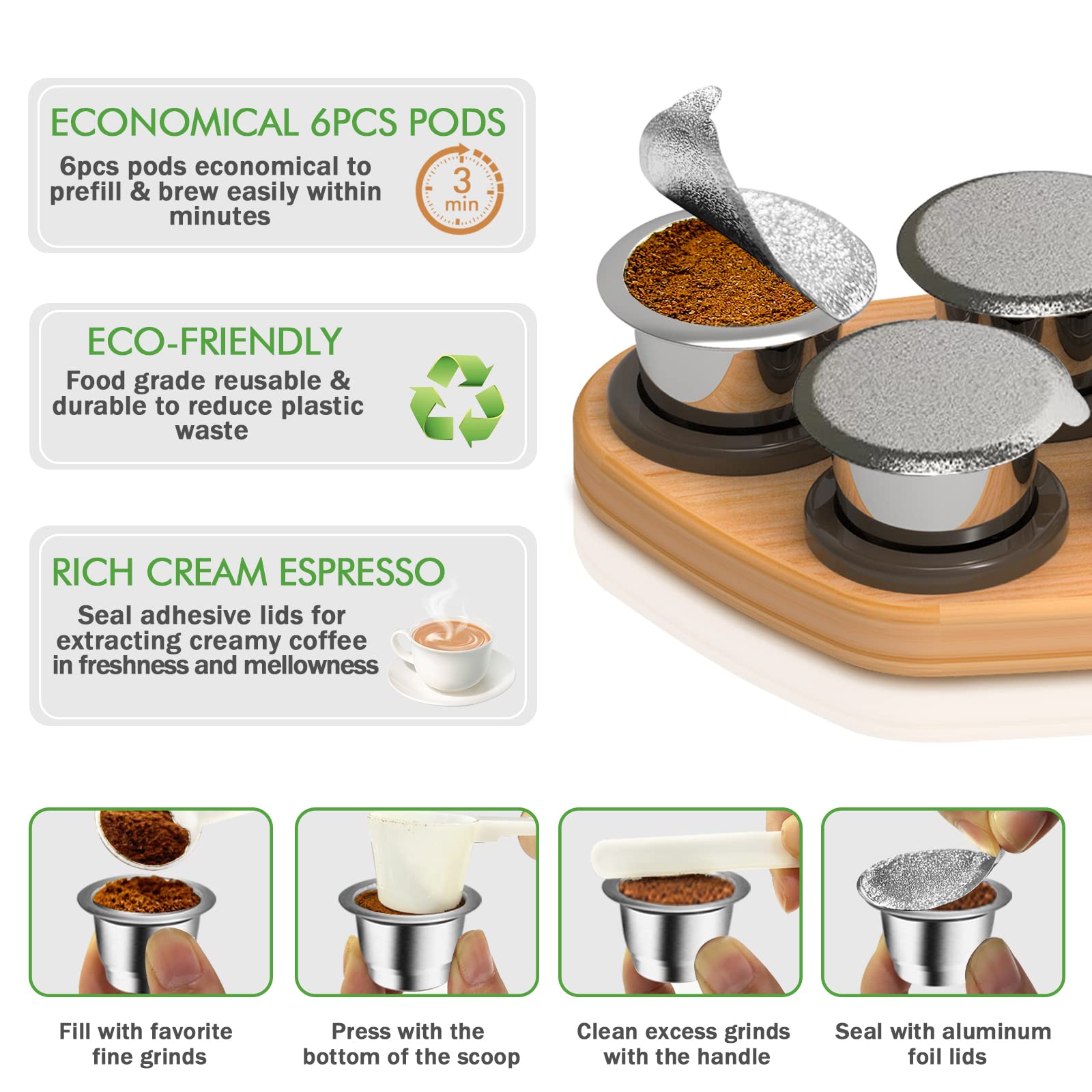 The image features 6pcs CAPMESSO stainless steel coffee pods and aluminum foil lids on a wooden tray. The text emphasizes their cost-effective and environmentally friendly attributes, along with the rich crema of espresso they produce. To use, simply fill the pod, press using the scoop, clean the edges, and seal with foil. They are perfect for Nespresso Originaline compatible machines.