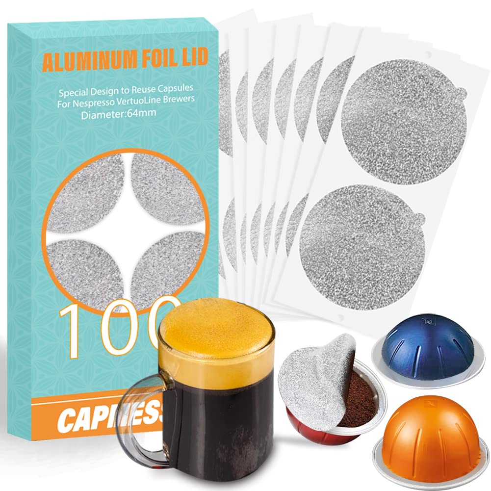 A box containing 100 CAPMESSO aluminum foil lids seals, designed for reuse with VertuoLine pods and 64mm diameter capsules, is displayed alongside compatible coffee pods, a glass cup of coffee, and sample lids.