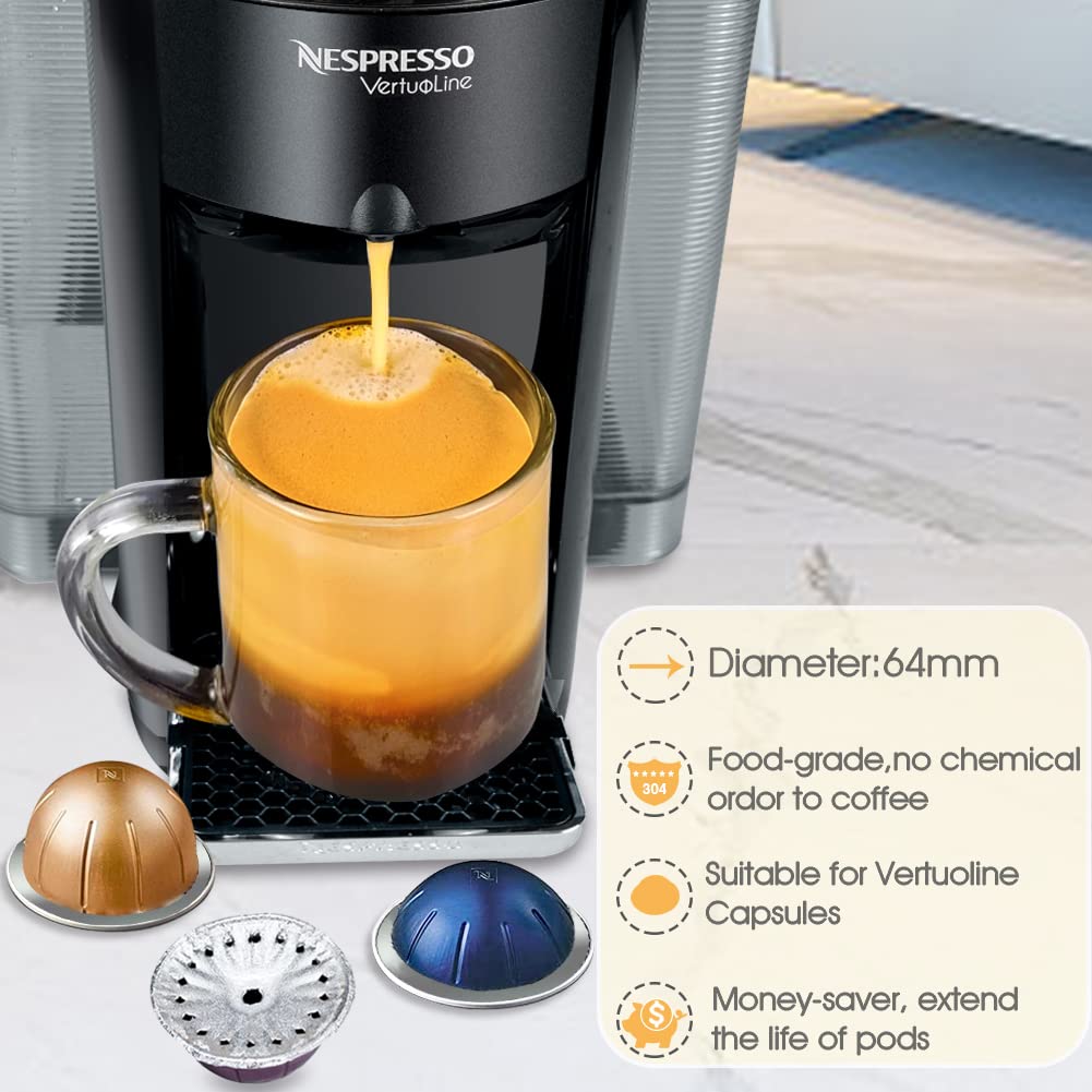 A Nespresso VertuoLine machine brews coffee into a glass mug, with three foil seals from CAPMESSO's 100-piece set of Aluminum Foil Lids for Vertuoline Pods displayed beside it. The text highlights their features: 64mm diameter, food-grade quality, and compatibility with Vertuo capsules. These eco-friendly lids help extend pod life and are money-saving.