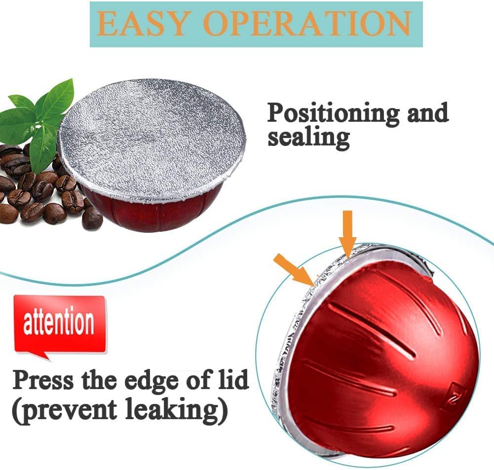 The image showcases a red coffee pod featuring a silver sealing lid from CAPMESSO's 100Pcs Aluminum Foil Lids Seals Compatible with Vertuoline Pods Reusable Vertuo Capsules. Arrows point to the edge of the lid, emphasizing "Positioning and sealing." It also highlights "Press the edge of lid (prevent leaking)" against a backdrop of coffee beans, underscoring the convenience and ease offered by these compatible coffee pods.