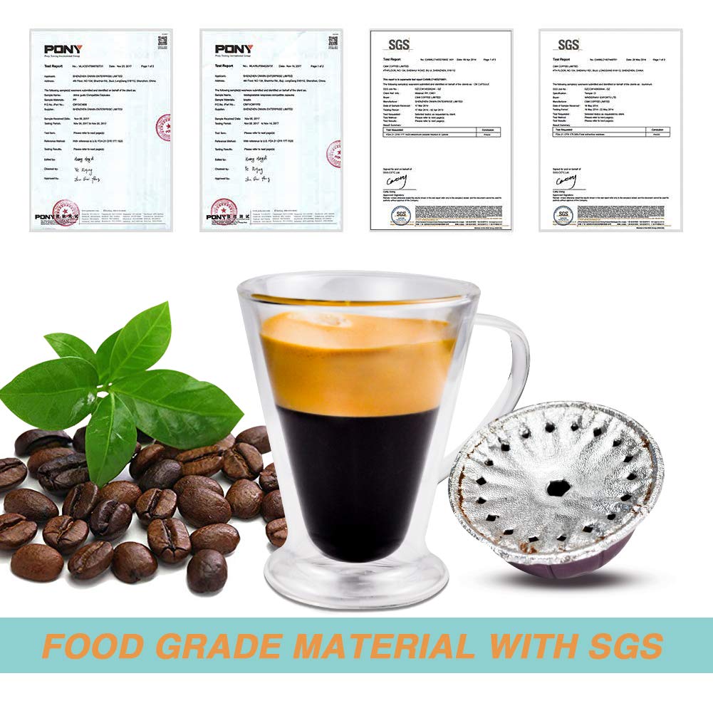 A glass cup of espresso sits alongside coffee beans, a used CAPMESSO Vertuo capsule with eco-friendly aluminum foil lids, and green leaves. In the background, several certificates are prominently displayed. At the bottom, bold text states: FOOD GRADE MATERIAL WITH SGS.