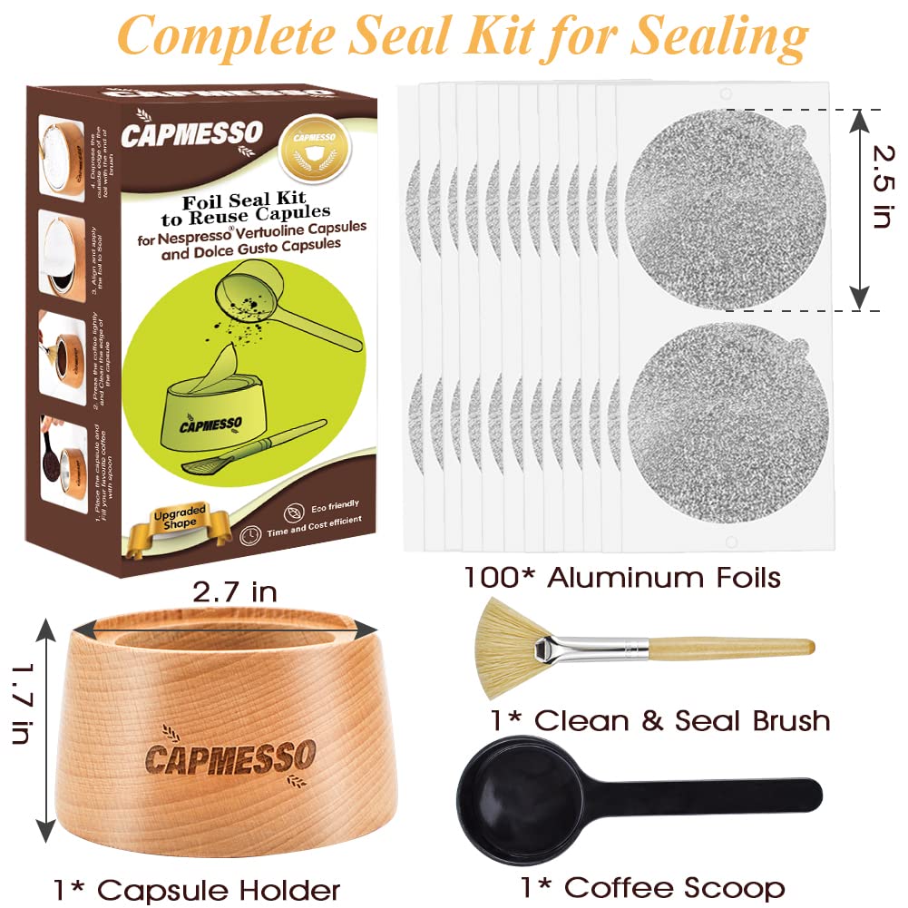 CAPMESSO Aluminum Foil Seals Kit to Reuse Nespresso Vertuo Reusable Pods, Refillable Vertuoline Capsules (Complete Seal Kit+100pcs Lids) - CAPMESSO