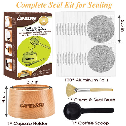 CAPMESSO Aluminum Foil Seals Kit to Reuse Nespresso Vertuo Reusable Pods, Refillable Vertuoline Capsules (Complete Seal Kit+100pcs Lids) - CAPMESSO