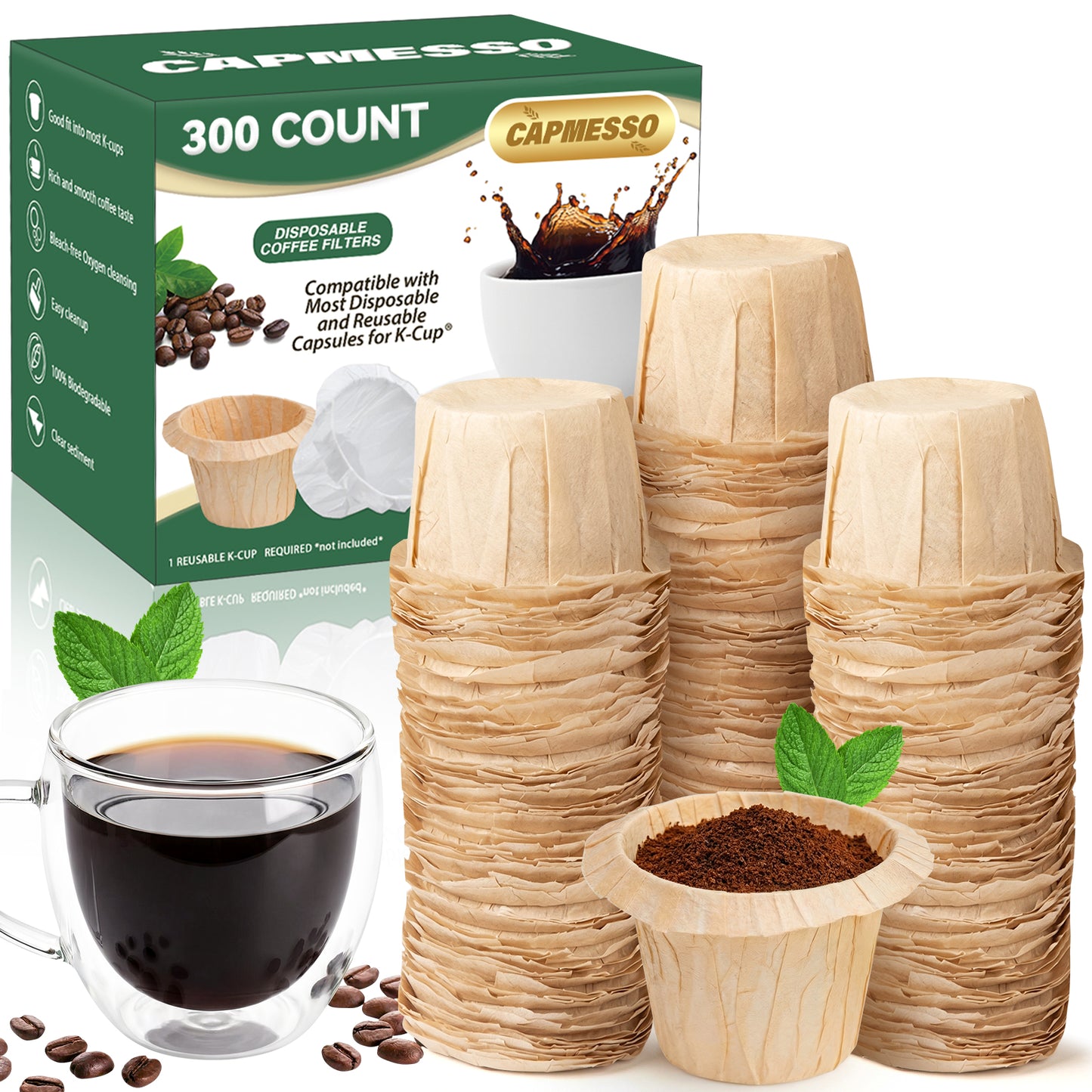 CAPMESSO Disposable Coffee Paper Filters Replacement Keurig Filter Compatible with Reusable Single Serve Pods Keurig Coffee Maker-300 Count (Natural) - CAPMESSO