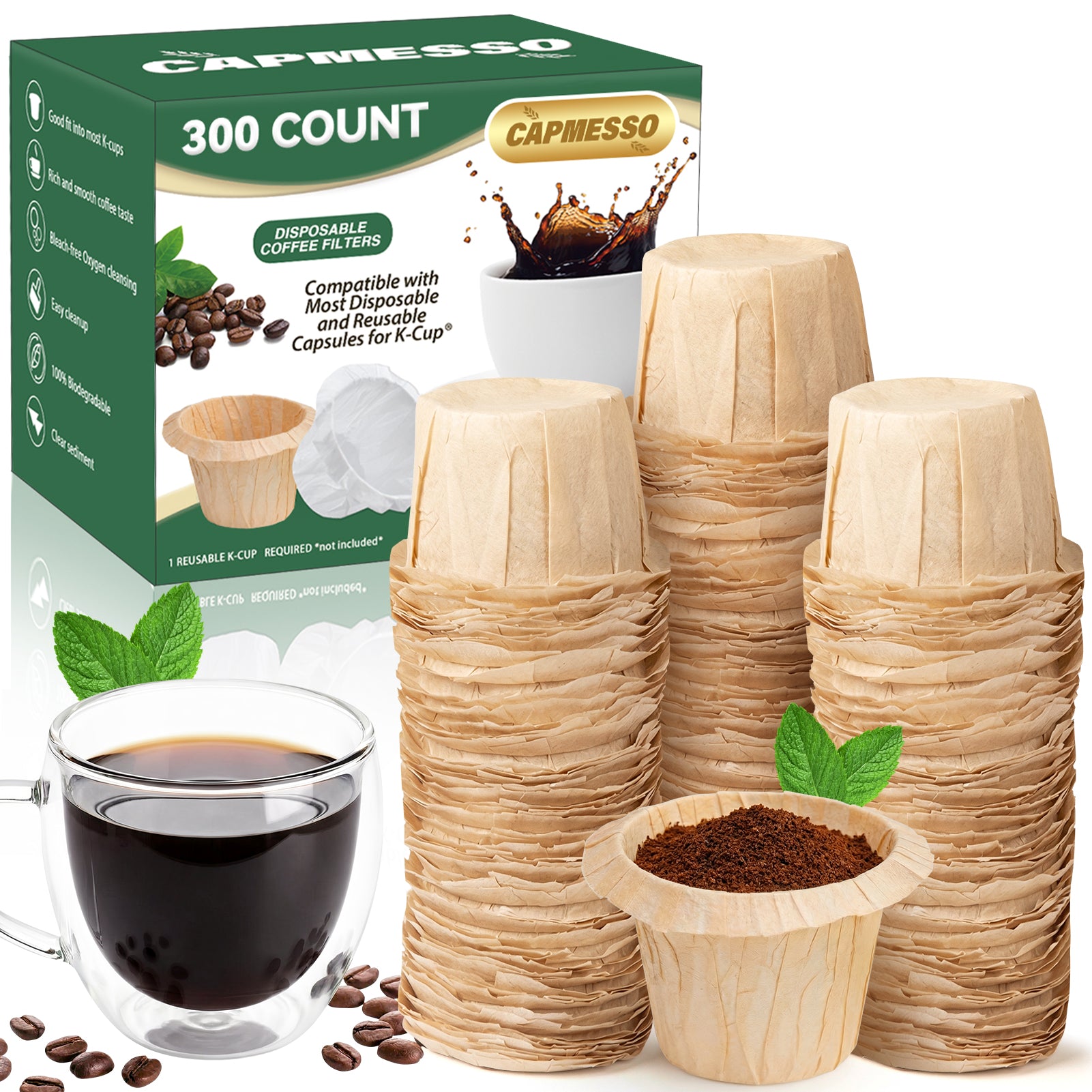 CAPMESSO Disposable Coffee Paper Filters Replacement Keurig Filter Compatible with Reusable Single Serve Pods Keurig Coffee Maker-300 Count (Natural) - CAPMESSO