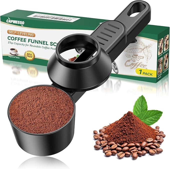 Funnel for Reusable K Cup Refillable Coffee Pods: 2 Tablespoon Coffee Measuring Scoop - Easy Slide Scoop for Ground Coffee, Protein Powder, Tea without Spilling (1 Pack)