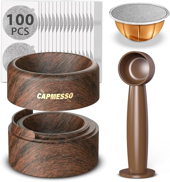 The CAPMESSO Reusable Vertuo Pod Refill Kit features reusable Nespresso Vertuo pods, complete with a wood grain scoop holder, a wooden tamper, and 100 aluminum foil lids. These metallic capsules are compatible with Nespresso machines, offering an environmentally friendly method to enjoy your coffee.