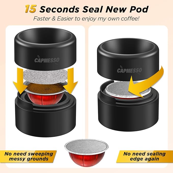 Reusable Vertuo Pod Refill Kit,Faster Seal Reusable Nespresso Vertuo Pods with Fill & Press Brush,100pcs Aluminum Foil Lids - CAPMESSO