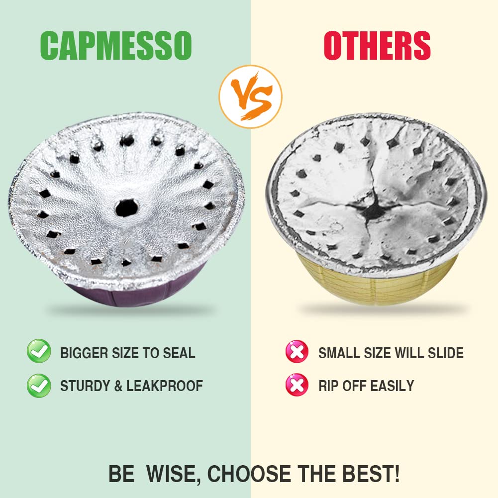 Side-by-side image comparison of two coffee pod lids. On the left, the CAPMESSO Aluminum Foils Lid, known for its robust and larger design, ensures a leakproof seal perfect for reusable Vertuoline capsules. On the right, a competitor's lid is shown with a smaller size prone to slipping and tearing. The text below emphasizes: BE WISE, CHOOSE THE BEST! Ideal choice for Nespresso VertuoLine users.