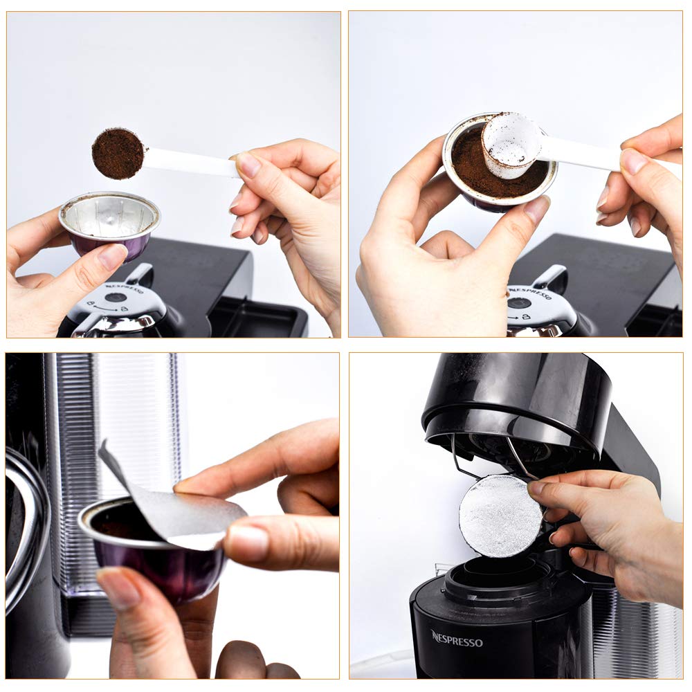 Brewing coffee with your Nespresso VertuoLine machine is a breeze using CAPMESSO Aluminum Foils Lids to reuse Vertuoline Capsules. Just follow these four easy steps: 1) Scoop coffee grounds into the pod. 2) Smooth the grounds. 3) Secure the CAPMESSO foil lid on the pod. 4) Insert the filled capsule into your machine for a perfect cup every time.