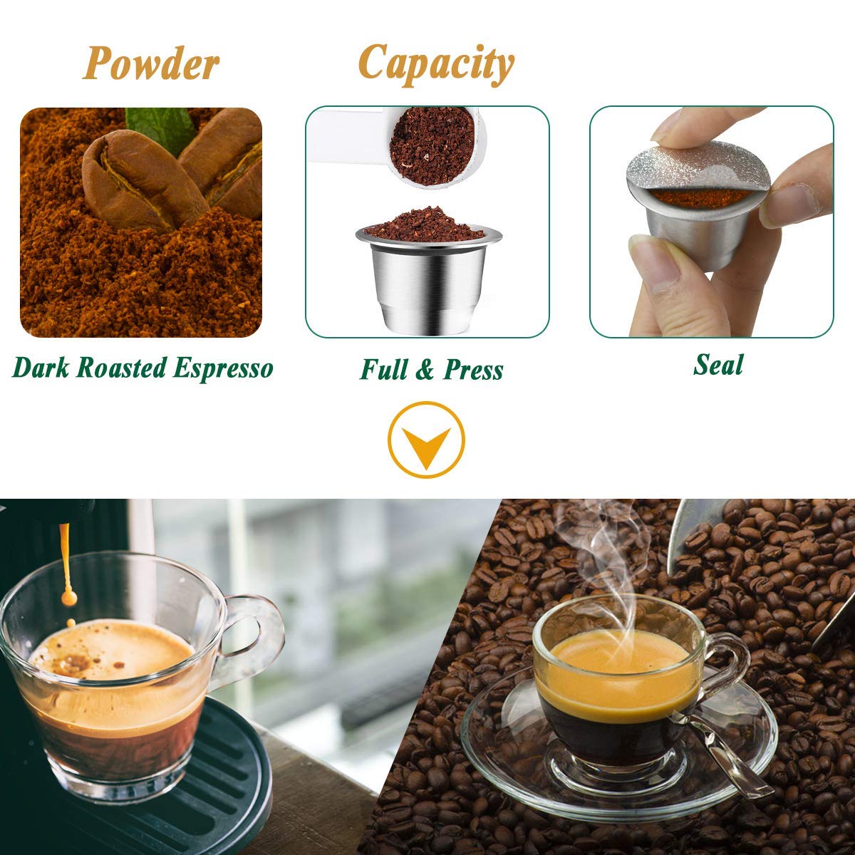 Reusable Capsules for Nespresso OriginalLine, Refillable Coffee Pods Stainless Steel Cups Compatible with Nespresso OriginalLine Brewer - CAPMESSO