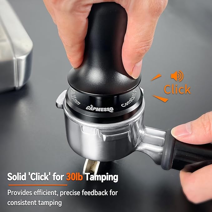 A hand grips the CAPMESSO 51mm Espresso Tamper, pressing it with a satisfying Click into a portafilter to illustrate its signature Solid Click feature for 30lb tamps. The text emphasizes its calibrated design with three spring-loaded coffee tampers, ensuring consistent pressure and precision.