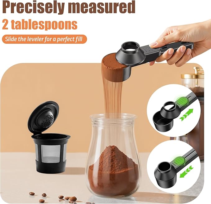 Funnel for Reusable K Cup Refillable Coffee Pods: 2 Tablespoon Coffee Measuring Scoop - Easy Slide Scoop for Ground Coffee, Protein Powder, Tea without Spilling (1 Pack)