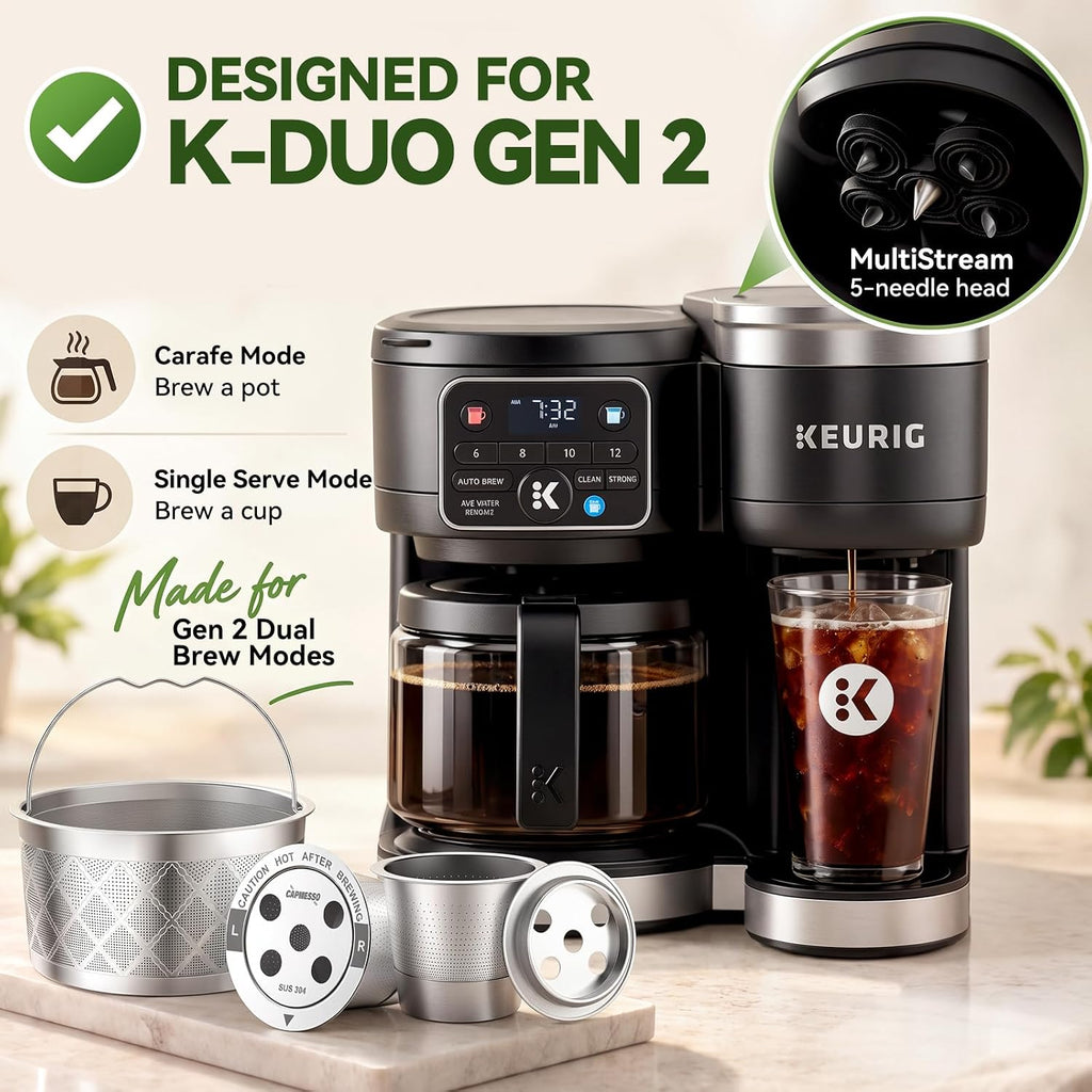 Reusable K-Cups & Carafe Filter Basket for Keurig K-Duo Gen 2 – Stainless Steel