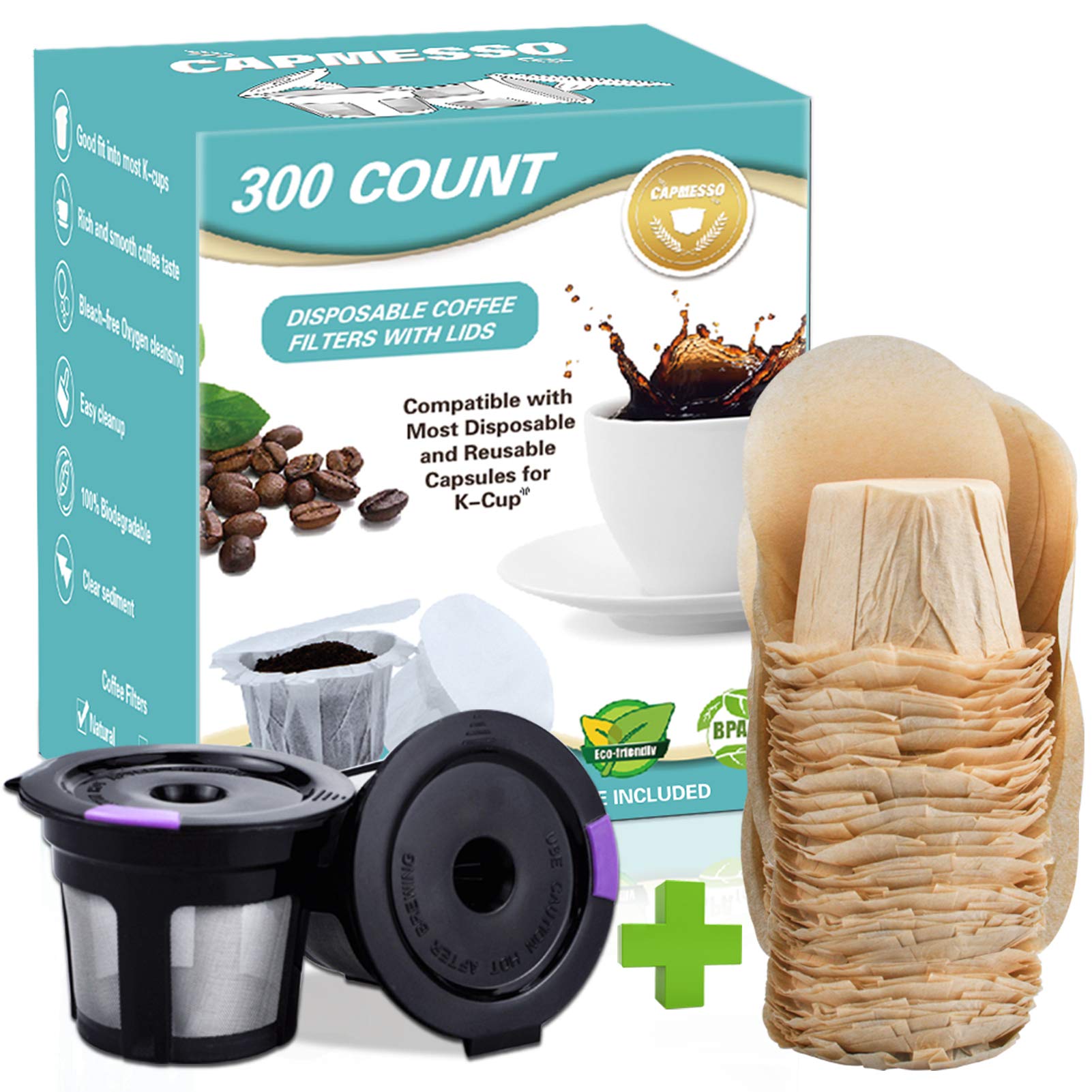 The product packaging for CAPMESSO's 2 Reusable Keurig Cups and 300 Unbleached Keurig Coffee Pod Paper Filters is designed for a seamless coffee experience. The eco-friendly set, compatible with both Keurig 2.0 and 1.0 Coffee Makers, showcases coffee beans and a cup in the background, capturing the essence of your ideal morning coffee ritual.