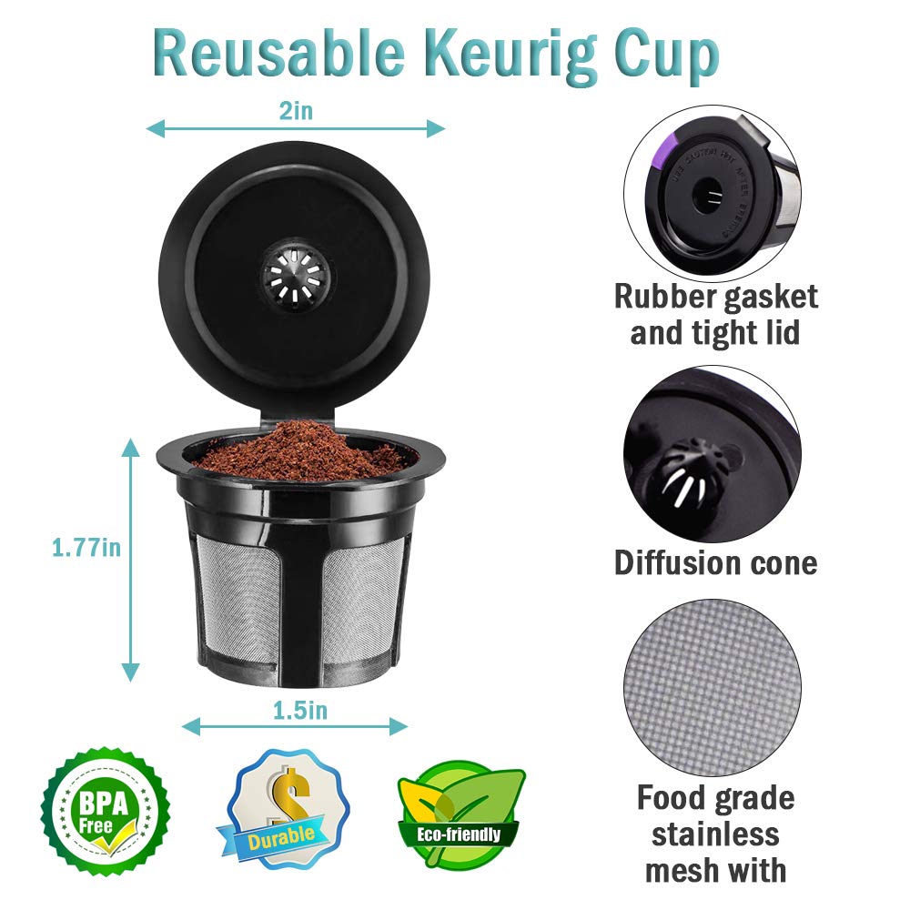 Diagram of a CAPMESSO reusable Keurig cup with descriptions. Key features include a rubber gasket and tight lid, a diffusion cone, and food-grade stainless mesh. With dimensions of 2 inches in diameter and 1.77 inches in height, these BPA-free, durable, eco-friendly cups are perfect for your morning coffee ritual without disposable filters.
