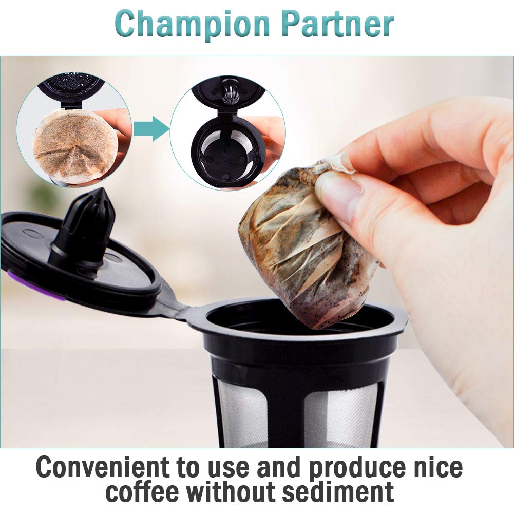 A hand places a morning coffee pod from CAPMESSO into a reusable Keurig cup designed for the coffee maker. Two circular insets emphasize the placement of the pod inside the cup. Text reads, "Champion Partner and Convenient to use, producing nice coffee without sediment—perfect for starting your day right.