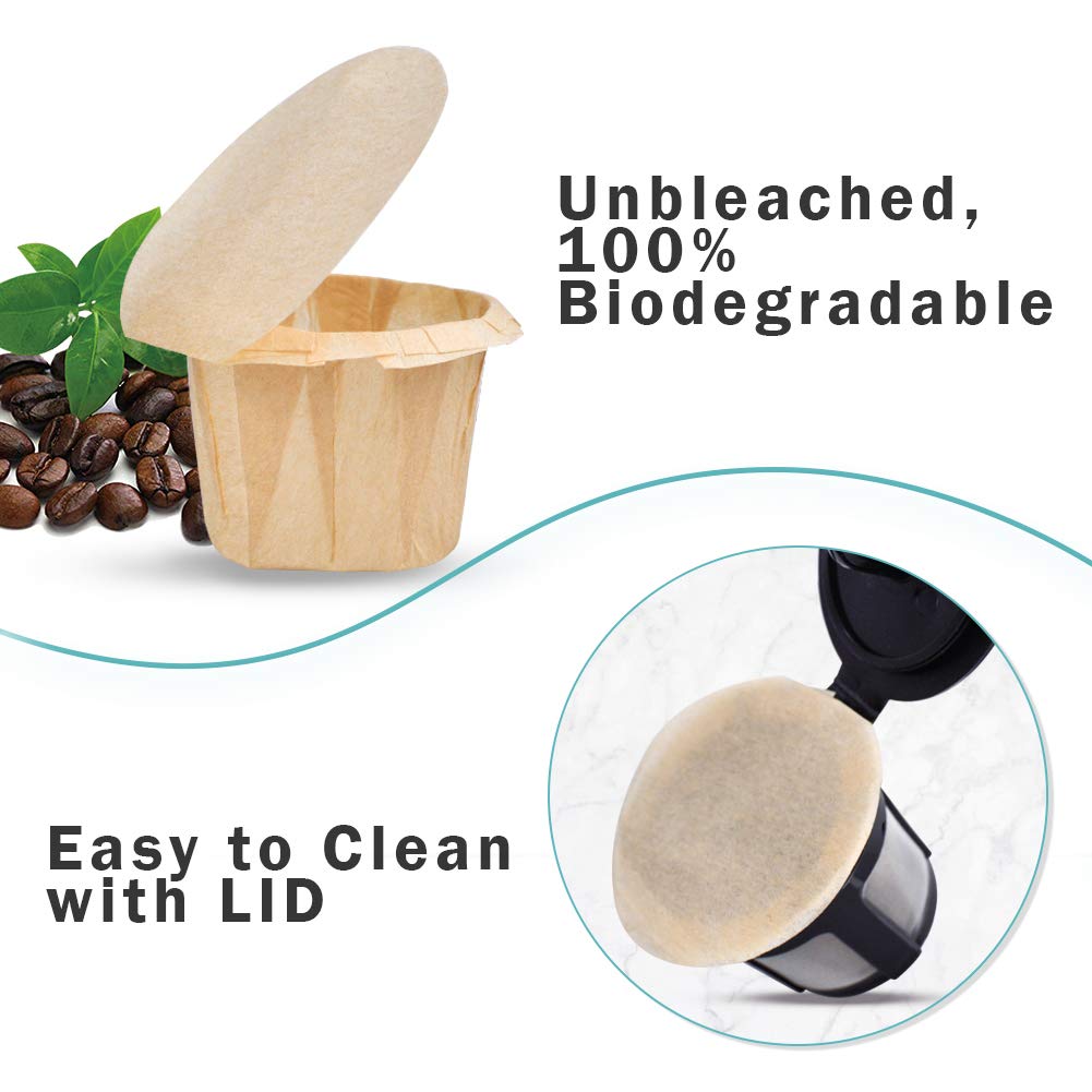 Biodegradable paper coffee filter from CAPMESSO, designed for use with Keurg machines, beside a pile of coffee beans. The text highlights that it is unbleached, 100% biodegradable, easy to clean, and includes a lid—ideal for enhancing your morning coffee experience.