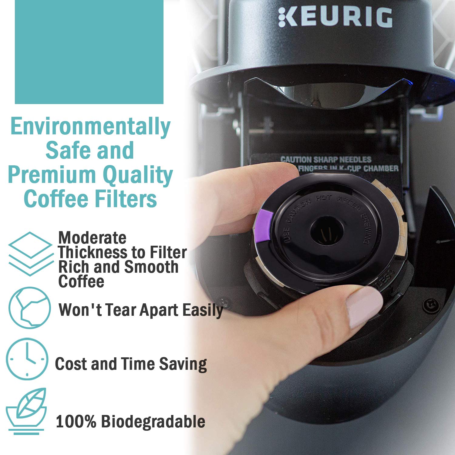 A hand placing an unbleached coffee filter into a Keurig machine. Text highlights features: environmentally safe, premium quality, moderate thickness, durability, cost and time-saving, 100% biodegradable. Perfect for morning coffee enthusiasts using CAPMESSO's disposable Keurg filters with their reusable K-cups in the Keurig 2.0 & 1.0 Coffee Maker. Icons accompany each feature.