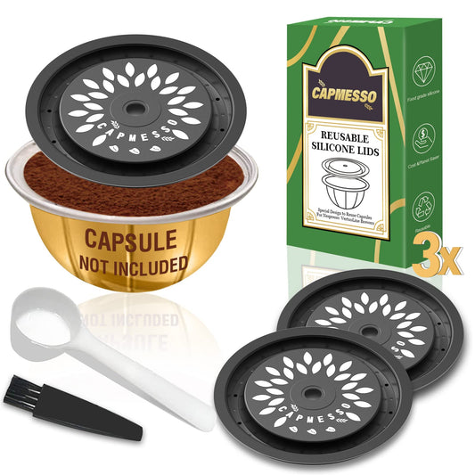 Reusable Coffee Capsule Lids for Reusable Nespresso Pods Vertuo, Food Grade Silicone Caps for Any Sizes of Refillable Vertuo Pods with Scoop and Brush - CAPMESSO