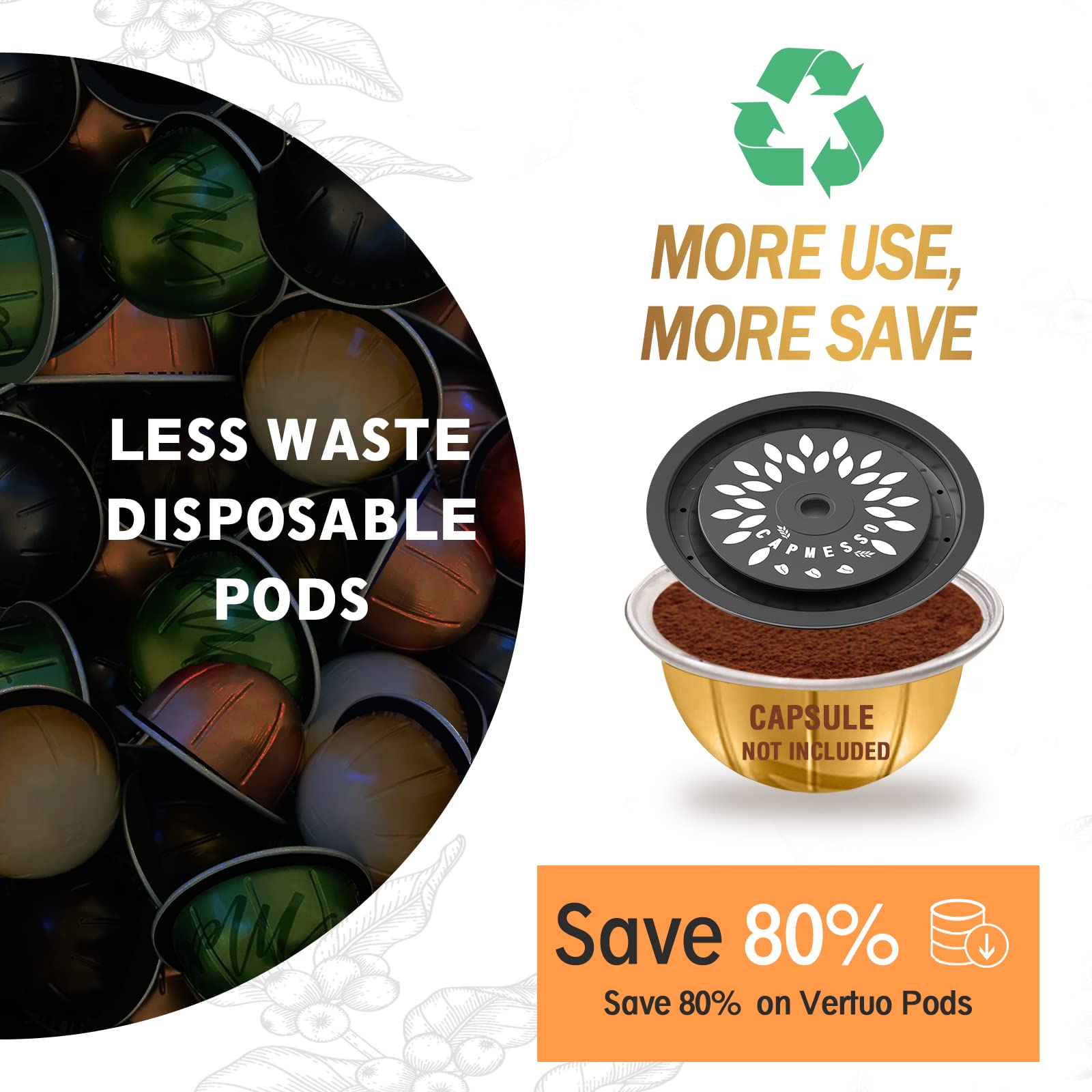 Reusable Coffee Capsule Lids for Reusable Nespresso Pods Vertuo, Food Grade Silicone Caps for Any Sizes of Refillable Vertuo Pods with Scoop and Brush - CAPMESSO