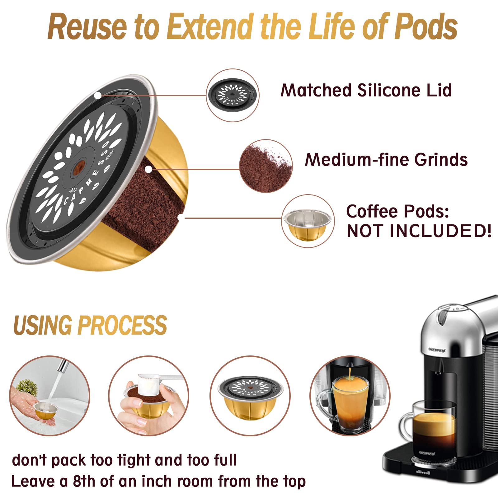 Reusable Coffee Capsule Lids for Reusable Nespresso Pods Vertuo, Food Grade Silicone Caps for Any Sizes of Refillable Vertuo Pods with Scoop and Brush - CAPMESSO