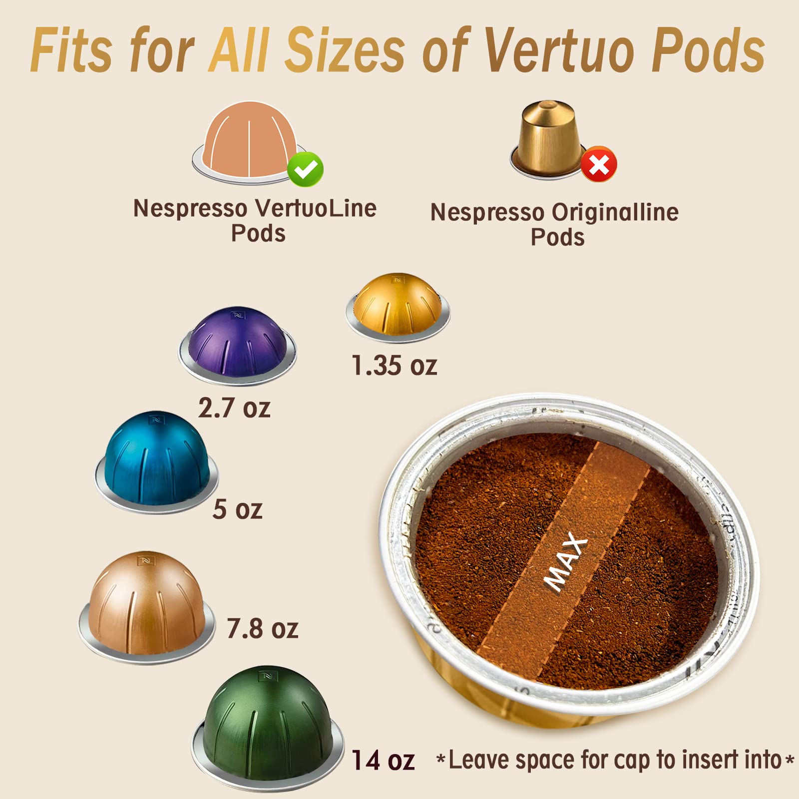 Reusable Coffee Capsule Lids for Reusable Nespresso Pods Vertuo, Food Grade Silicone Caps for Any Sizes of Refillable Vertuo Pods with Scoop and Brush