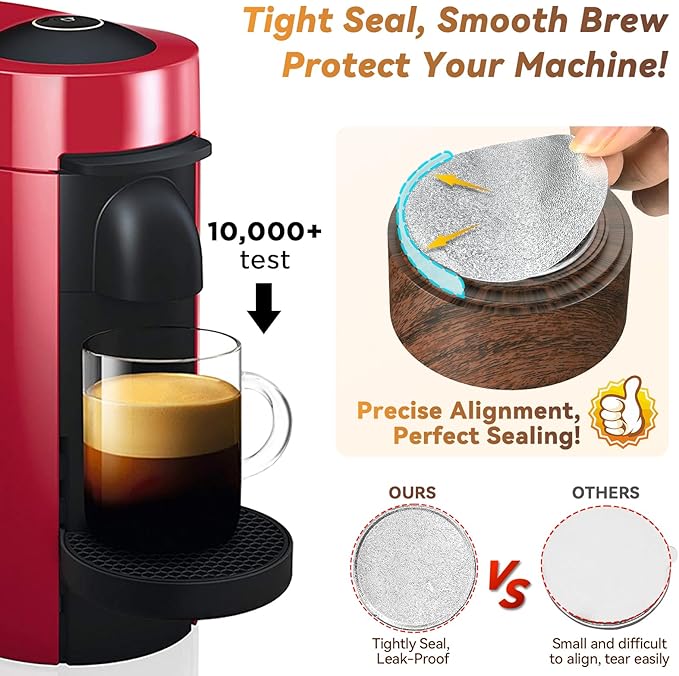 A red coffee machine with a glass cup filled with espresso. The text highlights Tight Seal, Smooth Brew, Protect Your Machine! Compare two lids: one boasts Precise Alignment, Perfect Sealing; the other is small and difficult to align. Enhance your experience with the CAPMESSO Reusable Vertuo Pod Refill Kit: Faster Seal Reusable Nespresso Vertuo Pods with Fill & Press Brush and 100pcs Aluminum Foil Lids in a Wood Grain Holder!