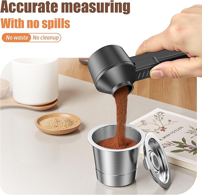 Mess-free refilling of a reusable K-Cup with the funnel scoop