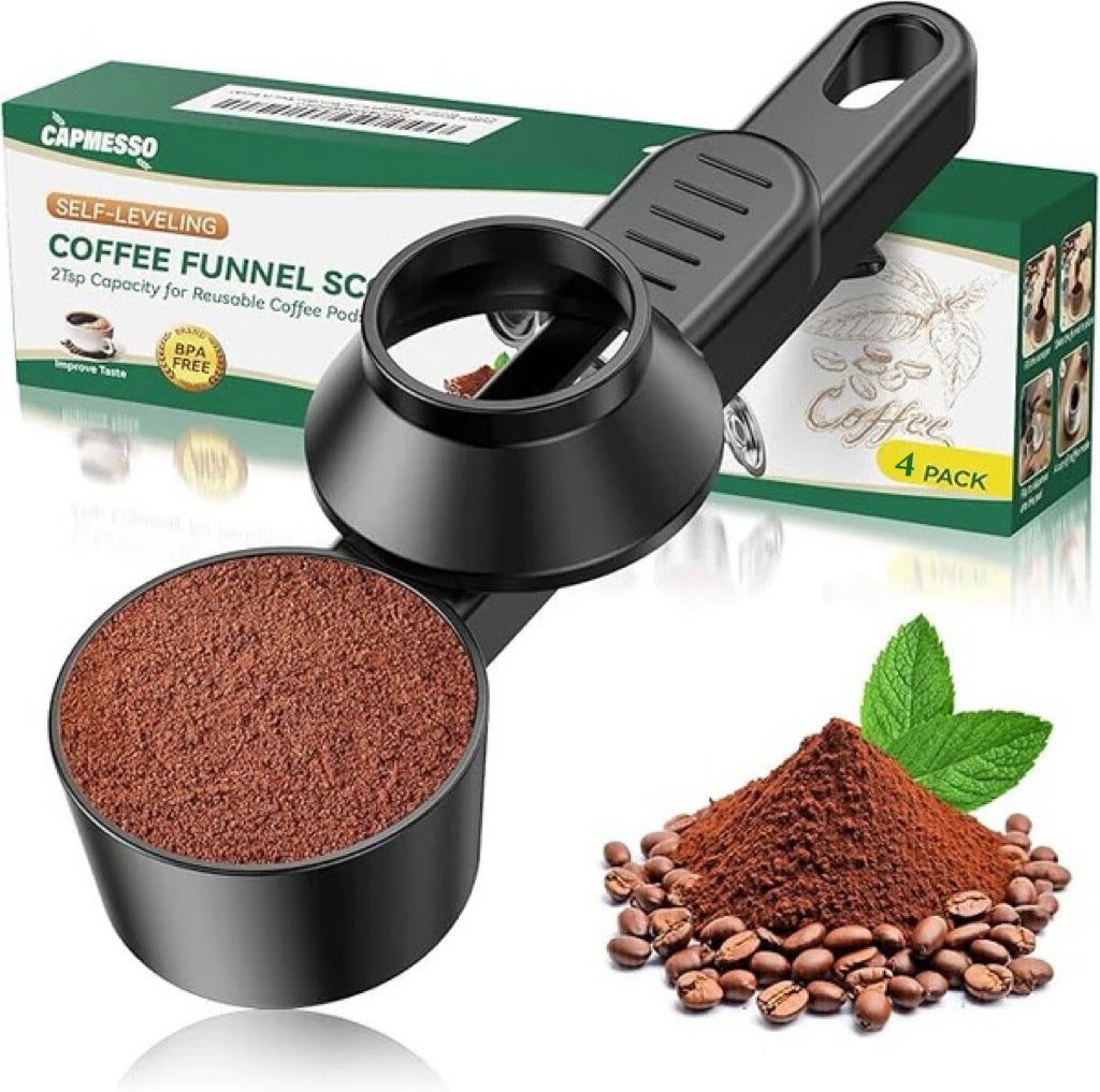 Self-leveling coffee scoop and funnel for reusable K-Cups