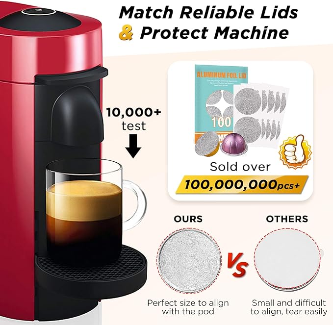 Reusable Vertuo Pod Refill Kit,Faster Seal Reusable Nespresso Vertuo Pods with Fill & Press Brush,100pcs Aluminum Foil Lids - CAPMESSO