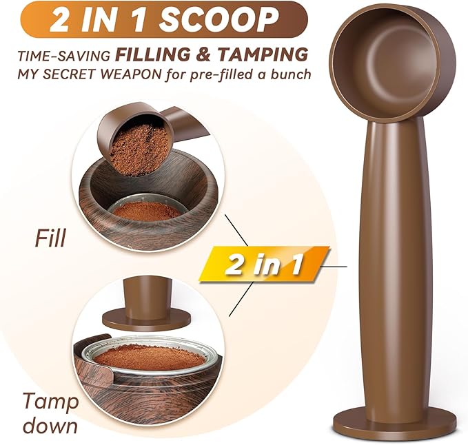 A diagram illustrates a versatile coffee scoop and tamper, a must-have for your CAPMESSO Nespresso accessories collection. This efficient tool efficiently fills ground coffee into a portafilter and flips to tamp it down. Featuring a brown cylindrical design, it's ideal for use with the CAPMESSO Reusable Vertuo Pod Refill Kit: Faster Seal Reusable Nespresso Vertuo Pods with Fill & Press Brush and 100pcs Aluminum Foil Lids - Wood Grain Holder.