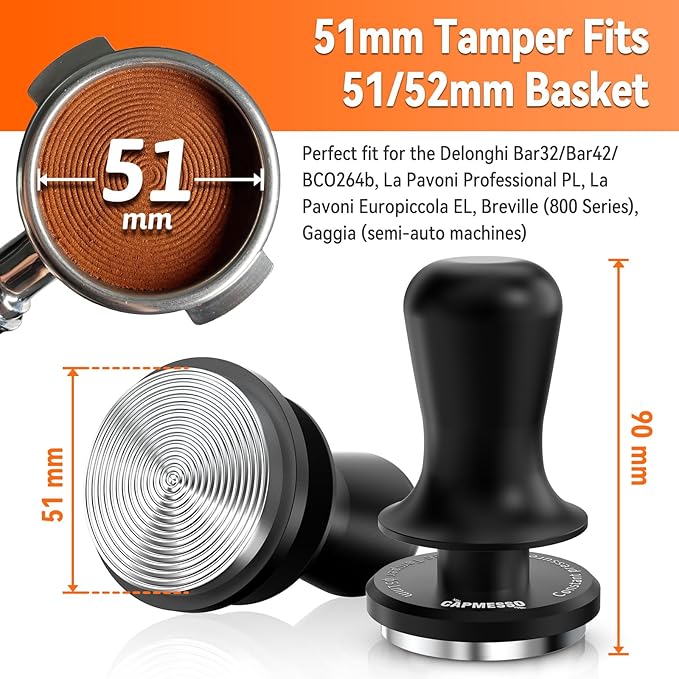 Image showcasing the CAPMESSO 51mm Espresso Tamper and portafilter set. The 3-spring-loaded tamper is designed to deliver a precise 30 lbs of pressure, measuring 51mm in diameter and 90mm in height, making it ideal for machines like Delonghi and Breville. The stainless steel ripple base of the portafilter ensures it holds finely ground coffee effortlessly.