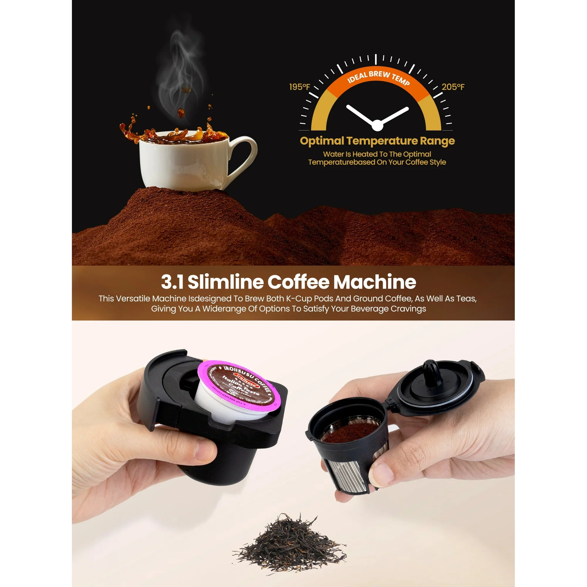 Capmesso Single Serve K Capsule Coffee Maker, Black Coffee Machine for K-Pod & Ground Coffee, New