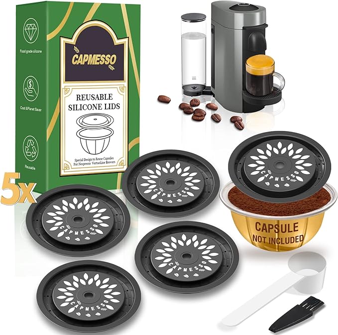 Reusable Coffee Capsule Lids for Reusable Nespresso Pods Vertuo, Food Grade Silicone Caps for Any Sizes of Refillable Vertuo Pods with Scoop and Brush