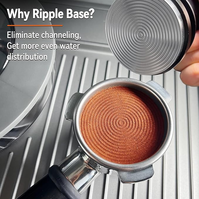 A close-up of the CAPMESSO 51mm Espresso Tamper with a stainless steel ripple base and calibrated 3-spring design is shown alongside another tool with a matching pattern. The text reads: Why Ripple Base? Eliminate channeling, Get more even water distribution.