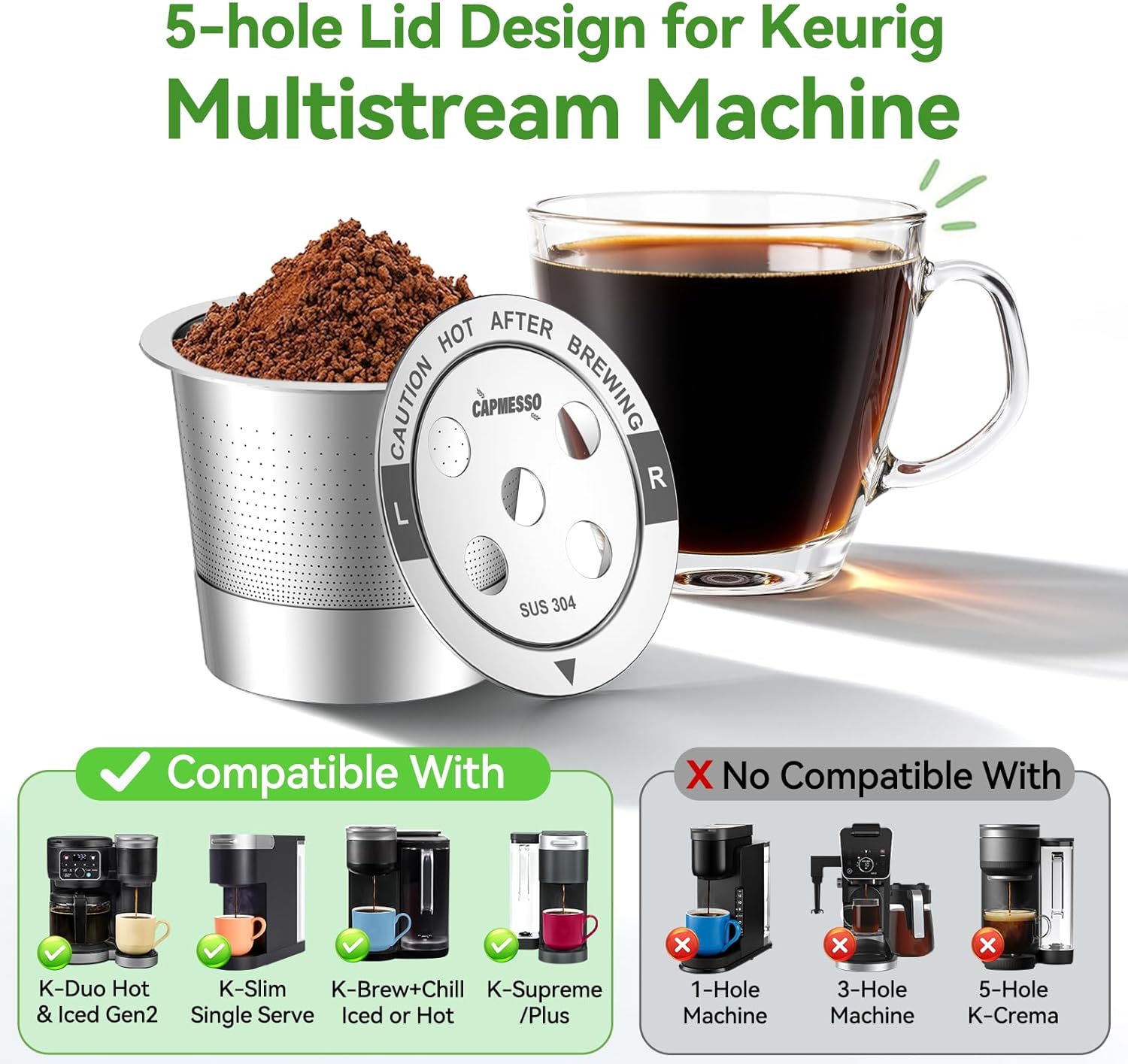 Plastic-free all-metal 5-hole reusable K-Cup for MultiStream Keurig