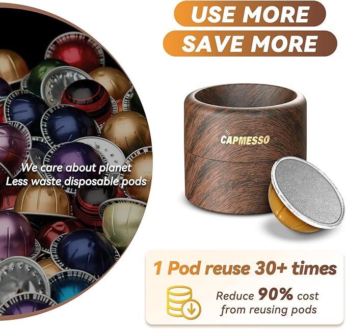 The CAPMESSO Reusable Vertuo Pod Refill Kit features a wood grain holder that highlights the benefits of using reusable Nespresso Vertuo pods. The colorful pods in the image emphasize eco-friendly advantages, reduced waste, and substantial cost savings of 90% with over 30 uses per pod.