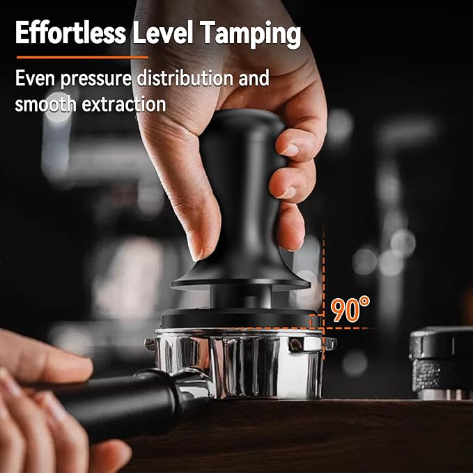 A skilled hand expertly tamps coffee grounds in a portafilter using the CAPMESSO 51mm Espresso Tamper, featuring a sleek black finish and stainless steel ripple base. The image highlights Effortless Level Tamping, with its calibrated 3-spring design that ensures even pressure distribution and smooth extraction, all at 30lbs pressure for the barista's perfect espresso experience.